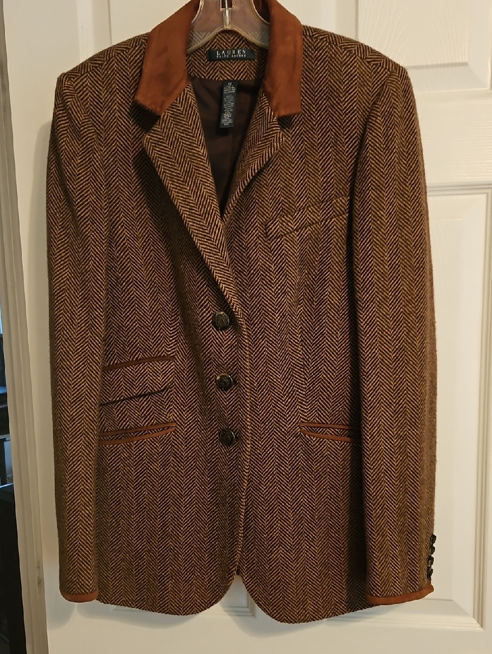 Lauren Ralph Lauren Brown Herringbone Wool Blazer with Suede Trim